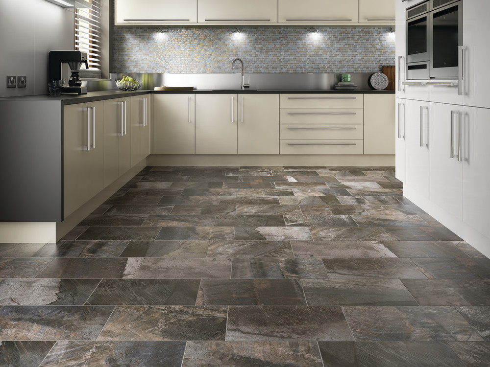 Gray/Brown patterned tile floor in a kitchen scene